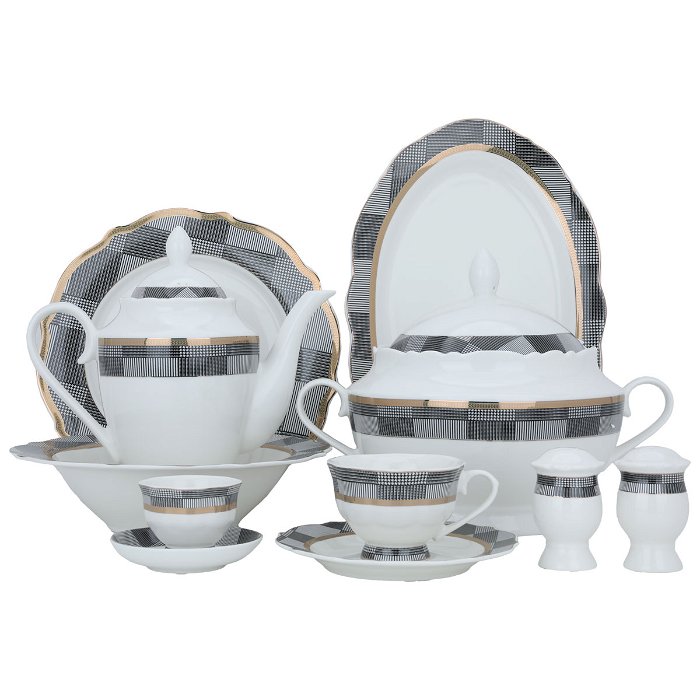 White Round Porcelain Dining Set with Gold Line 65 Pieces image 3