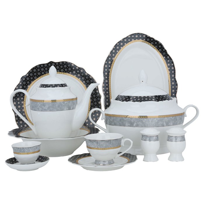 White Round Porcelain Dining Set with Gold Line 65 Pieces image 1