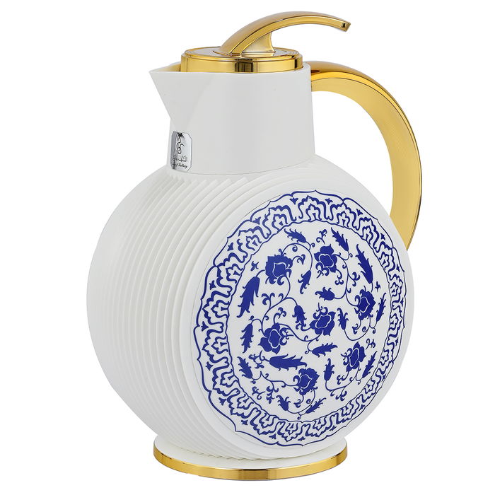 Al Jawhara thermos, white, blue rose pattern, golden handle, 0.9 liters image 1