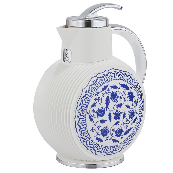 Al Jawhara thermos, white, blue rose pattern, silver handle, 0.9 liters image 1