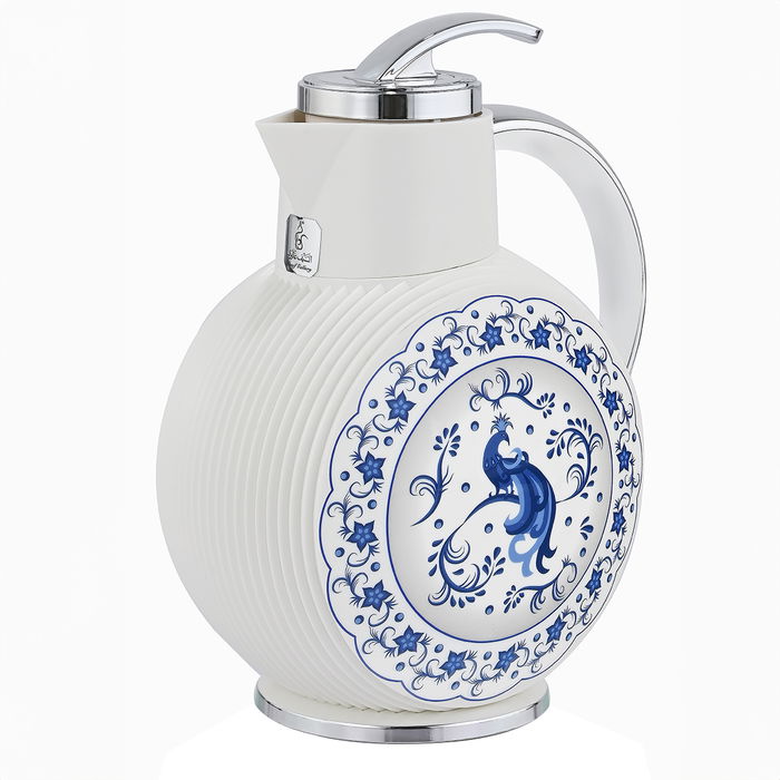 Al Jawhara thermos, white, blue peacock pattern, silver handle, 0.9 liters image 1