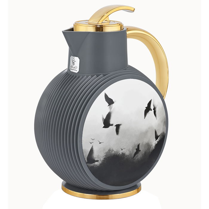 Al Jawhara thermos, dark gray, bird pattern, golden hand, 0.9 liters image 1