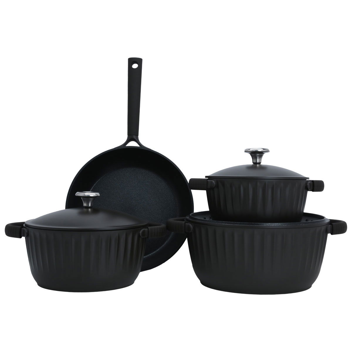 Robust black cookware set with steel lid, 7 pieces