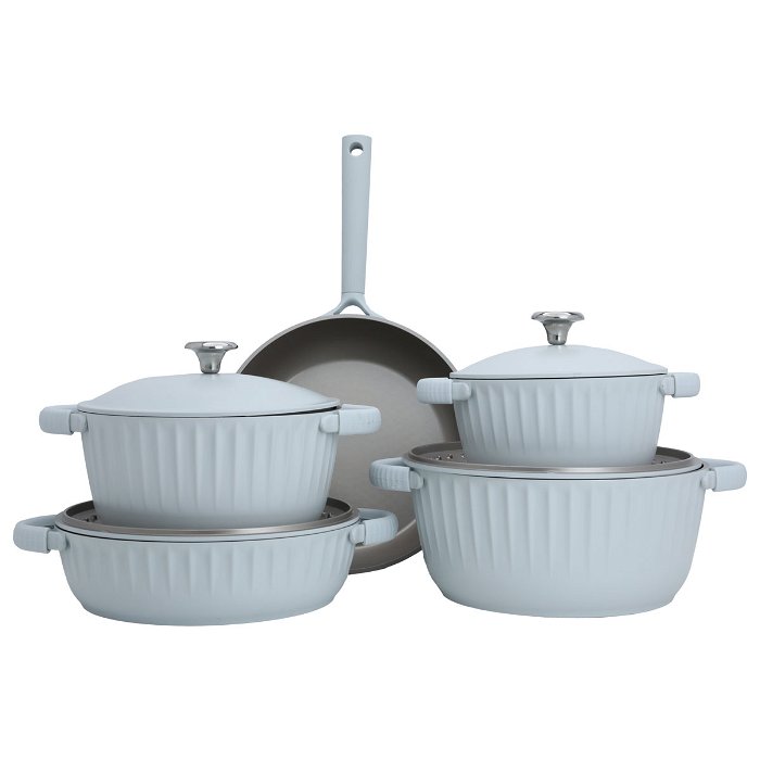 Robust light gray cookware set with steel lid, 9 pieces image 1