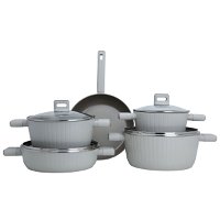 Robust beige cookware set with glass lid, 9 pieces product image