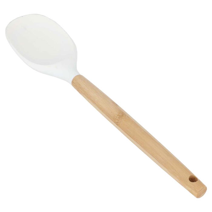 Beige silicone service spoon with wooden handle image 2