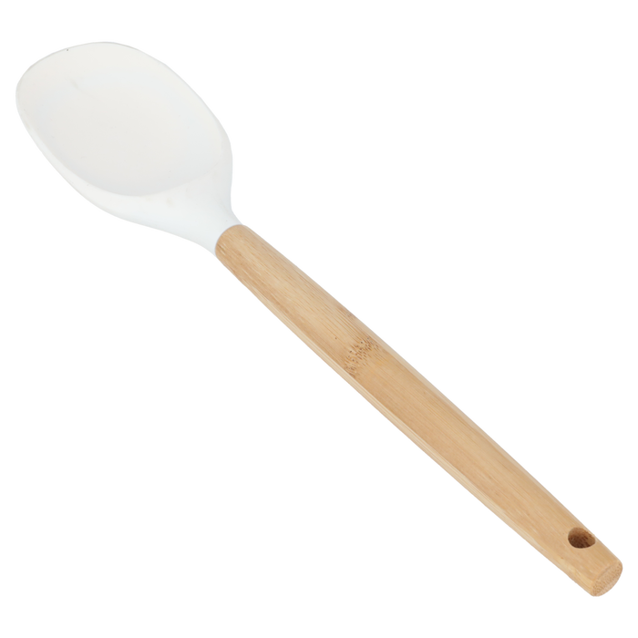 Beige silicone service spoon with wooden handle image 1