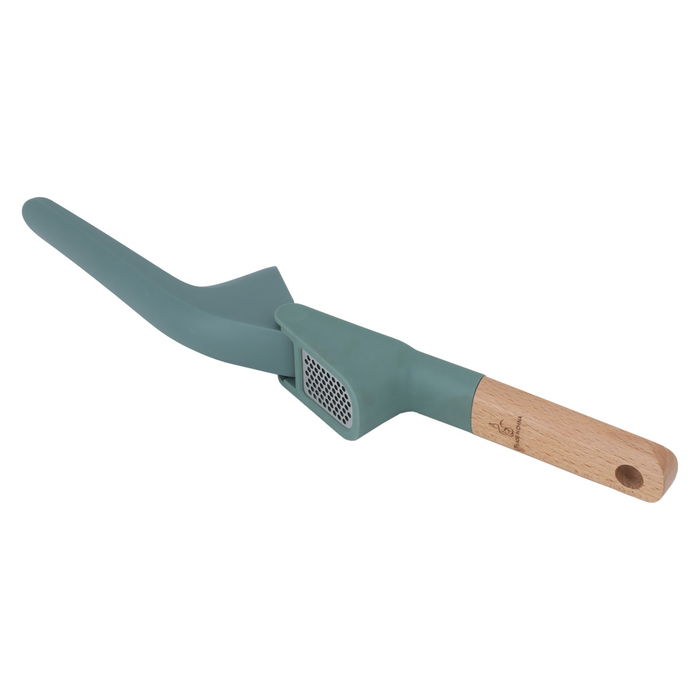 Green silicone manual garlic press with wooden handle image 2