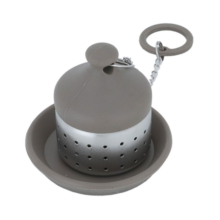 Light brown steel tea strainer with drip saucer image 1