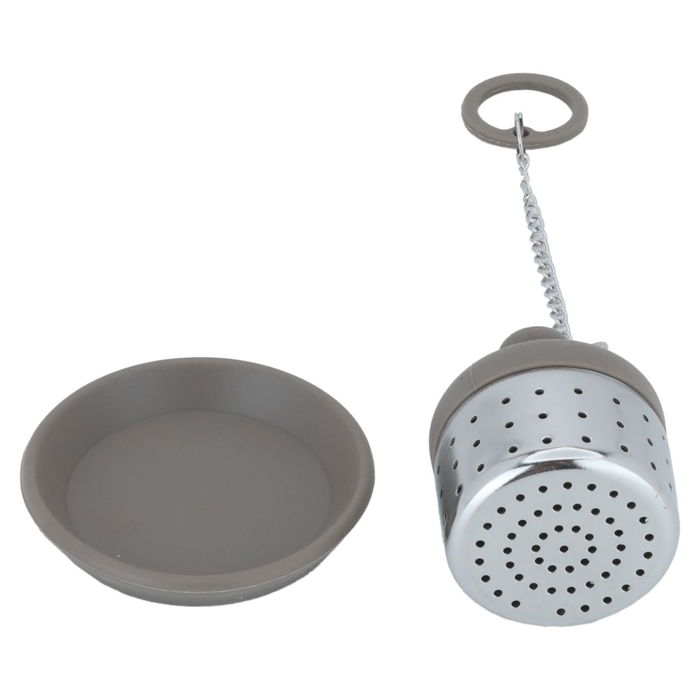 Light brown steel tea strainer with drip saucer image 2