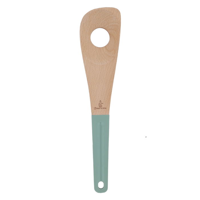 Wooden spoon with a hole in a green silicone handle image 2