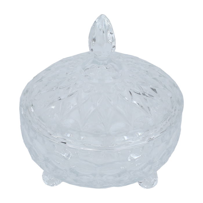 Transparent glass sugar bowl with a lid and legs image 2