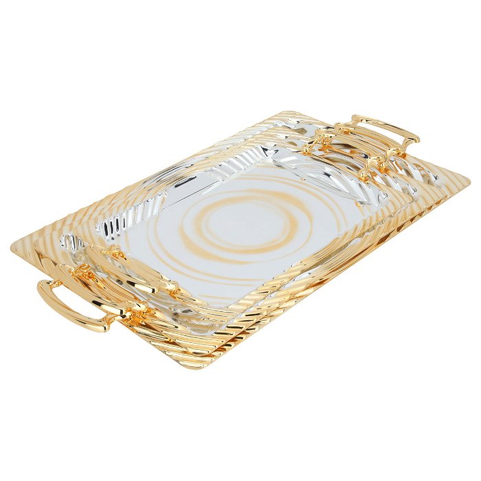 A set of 3 pieces of engraved rectangular steel Serving trays with a gold edge image 1