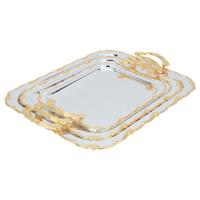 A rectangular steel Serving trays set with an engraving and a gold edge, 3 pieces image 1