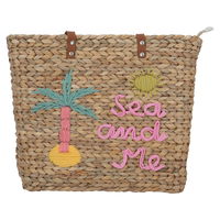 Beige wicker thermos bag with brown handle product image