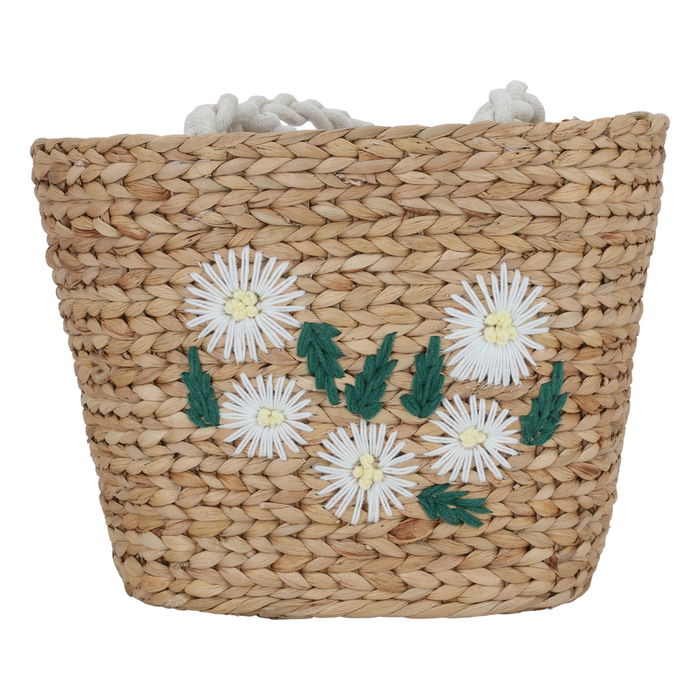 Beige wicker thermos bag with white handle image 1