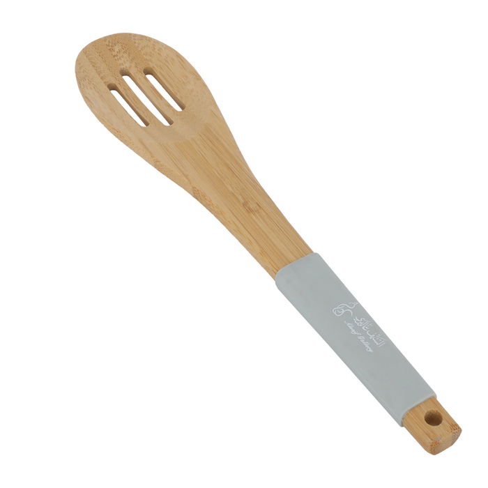 Openwork wood service spoon with grey silicone hand image 2