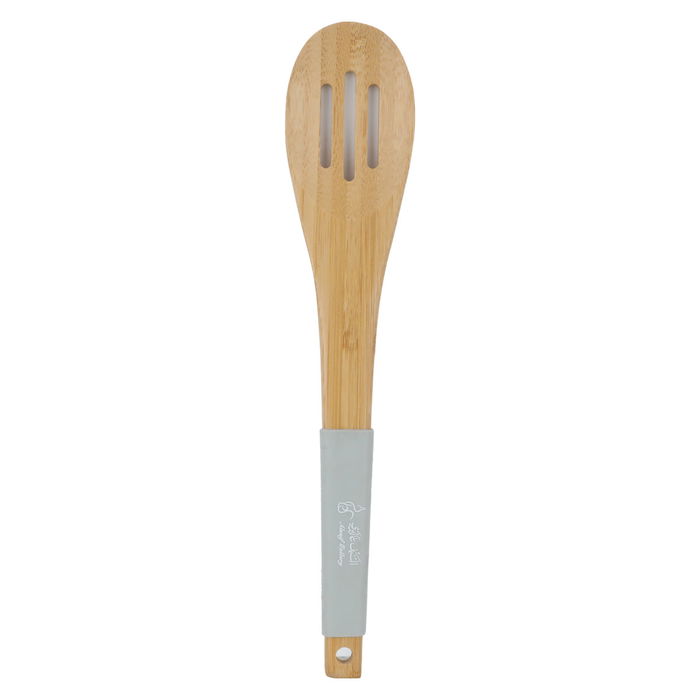 Openwork wood service spoon with grey silicone hand image 1