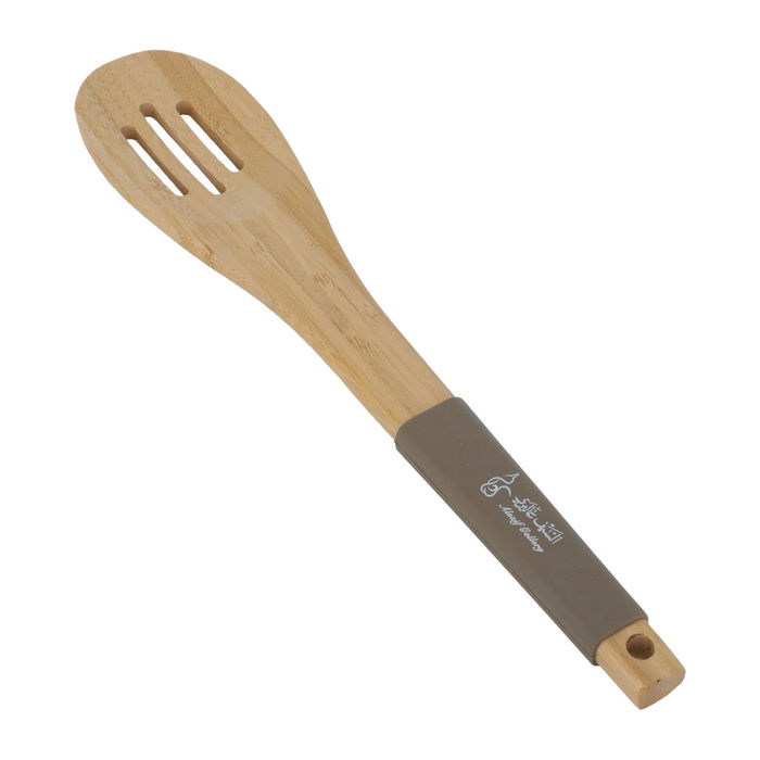 Perforated wood service spoon with brown silicone hand image 2