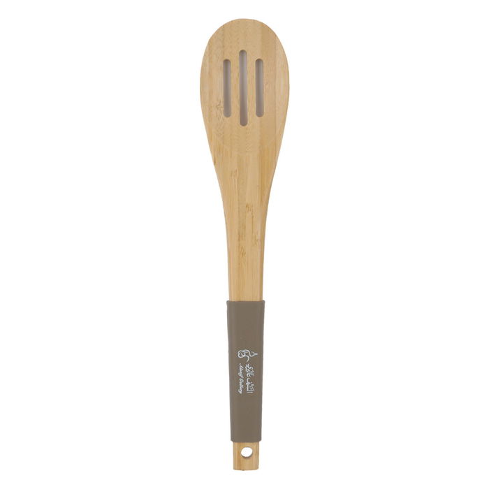 Perforated wood service spoon with brown silicone hand image 1