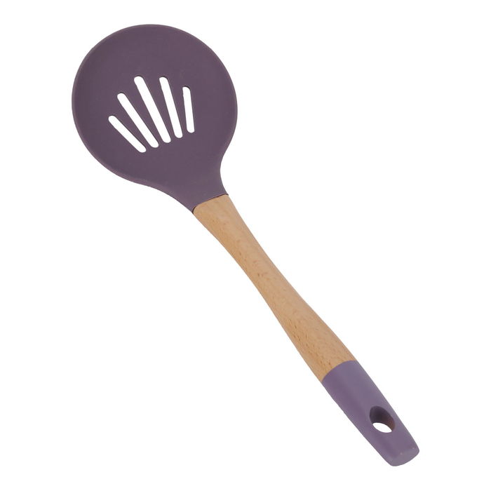 Silicone openwork cooking spoon with purple wood hand image 2