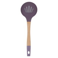 Silicone openwork cooking spoon with purple wood hand product image