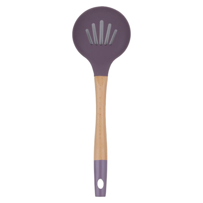 Silicone openwork cooking spoon with purple wood hand image 1