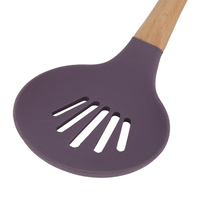 Silicone openwork cooking spoon with purple wood hand image 3