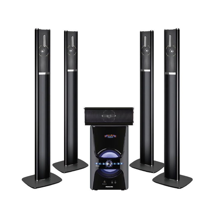 Nikai home theater with five speakers and a subwoofer that works with the TV, Bluetooth, and USB image 1