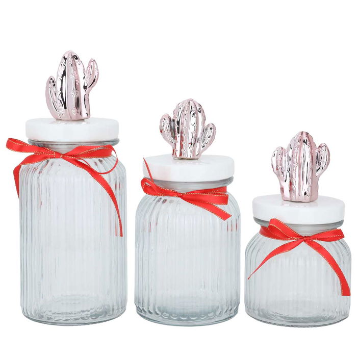 Fig tree pink 3 pcs glass spice cans set with porcelain lid image 2