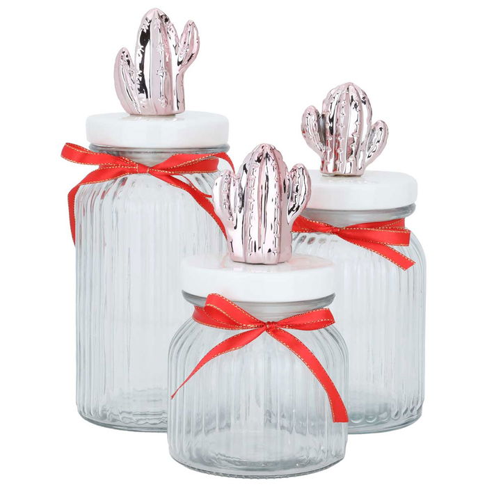 Fig tree pink 3 pcs glass spice cans set with porcelain lid image 1