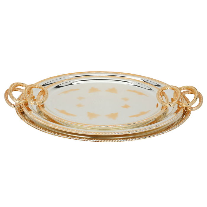 Serving trays set, silver oval steel embossed with a golden handle, 3 pieces image 2