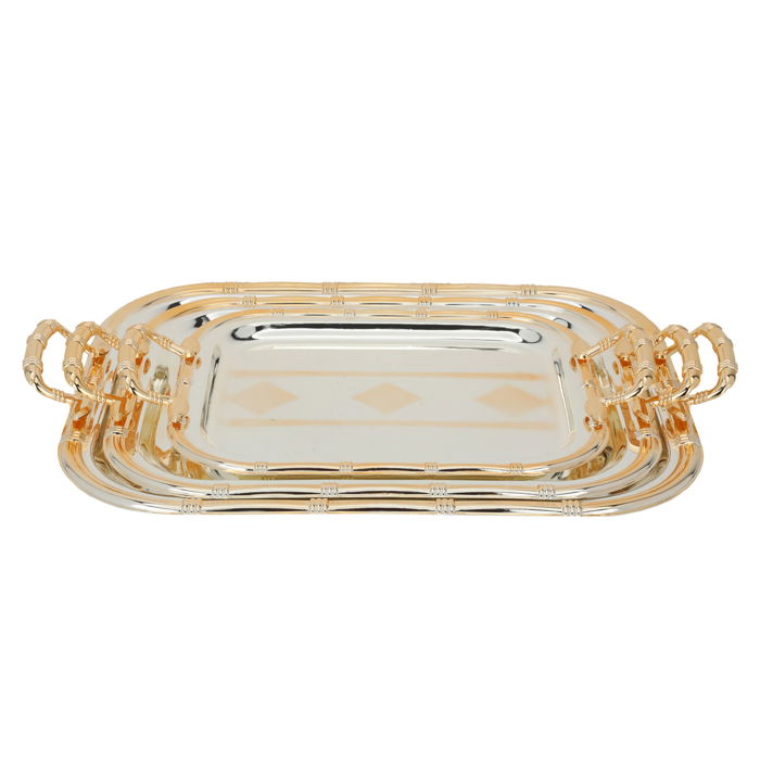 Serving trays set, rectangular, silver, shiny steel, golden, with handle, 3 pieces image 2