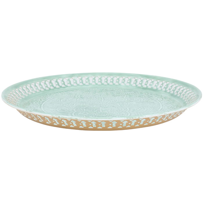 India Steel tray, light green circular with gold image 2