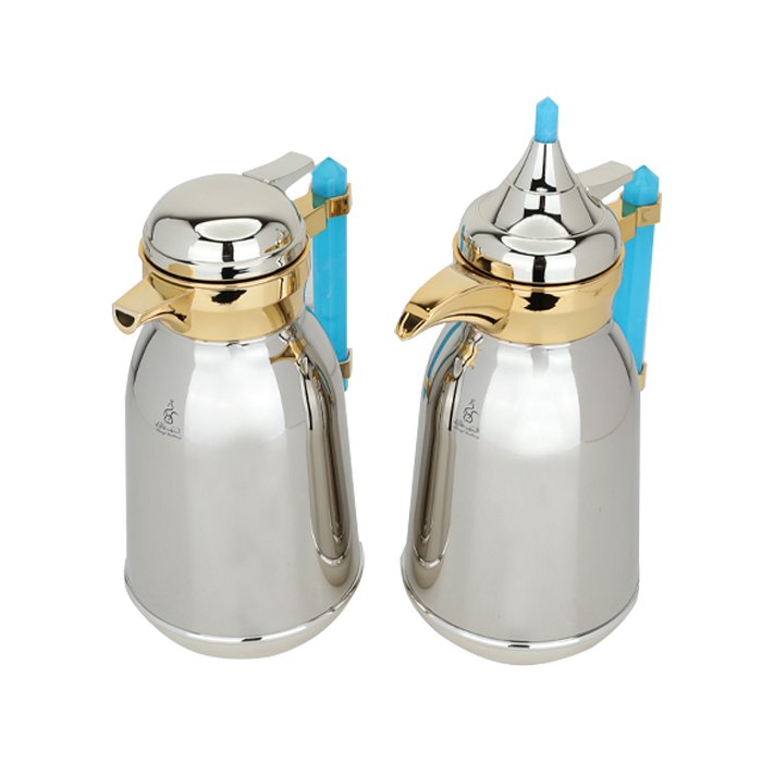 Shahd Thermos set, silver steel, golden mouth, light blue marble handle, two pieces image 2