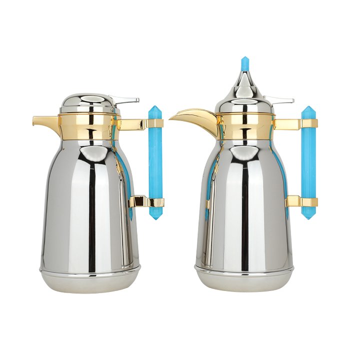 Shahd Thermos set, silver steel, golden mouth, light blue marble handle, two pieces image 1