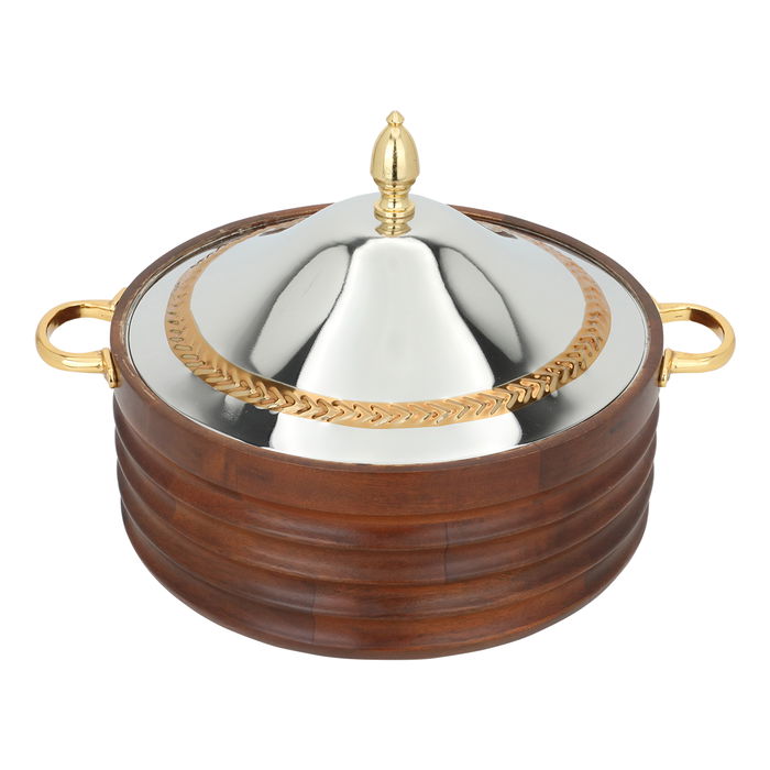 India Large round steel food keeper, dark wood, with a silver cover, golden handle image 1