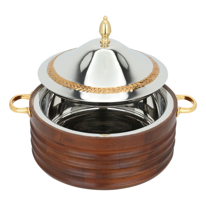 India Large round steel food keeper, dark wood, with a silver cover, golden handle image 2