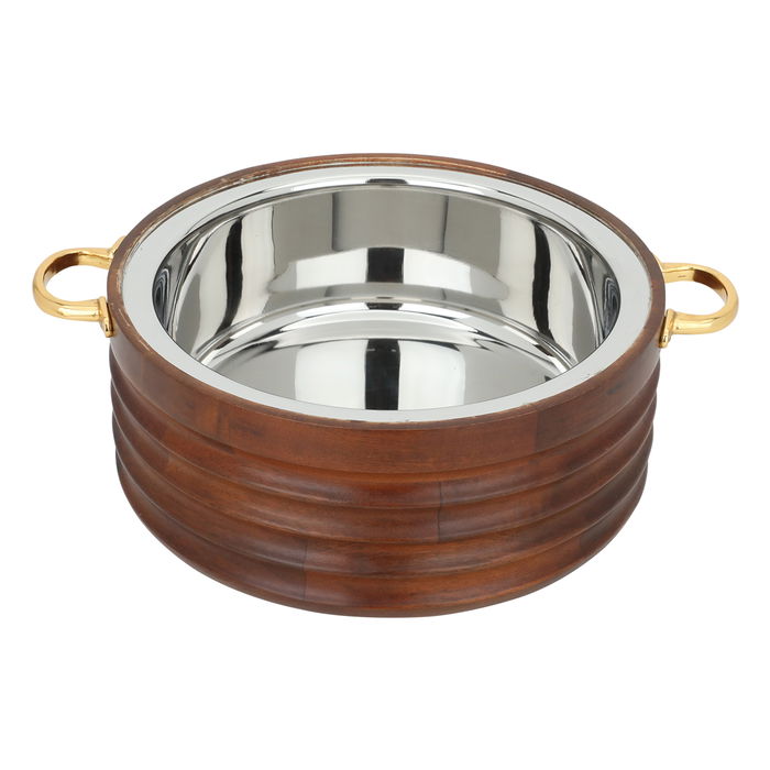 India Large round steel food keeper, dark wood, with a silver cover, golden handle image 3