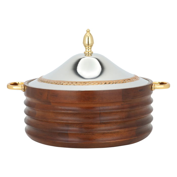 India Large round steel food keeper, dark wood, with a silver cover, golden handle image 4