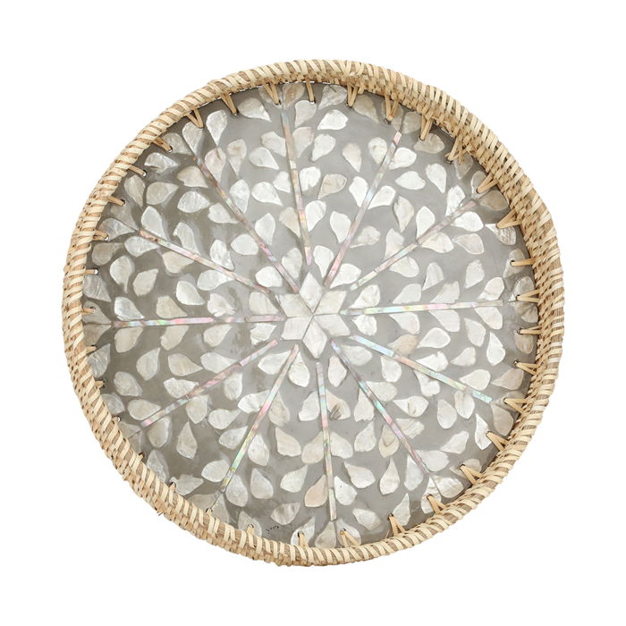 Serving tray, small gray pearl round wicker image 1