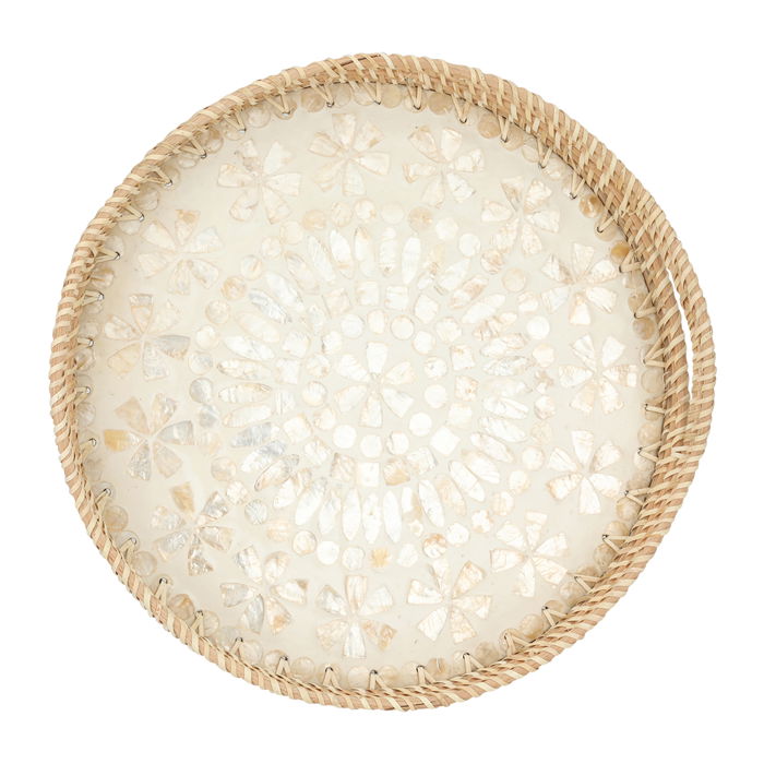 Serving tray, pearl, and gold round wicker with large handle image 2
