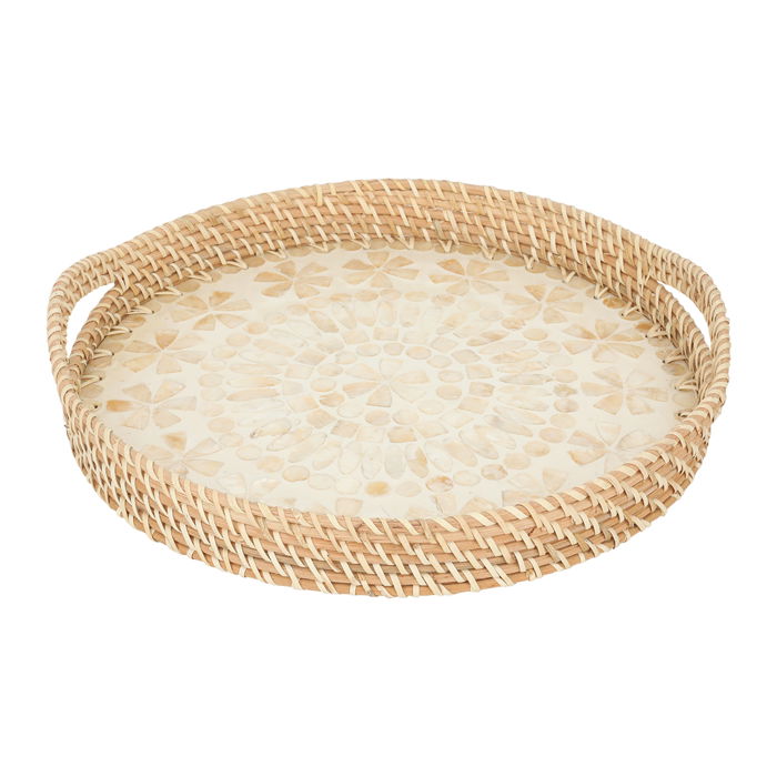 Serving tray, pearl, and gold round wicker with large handle image 1