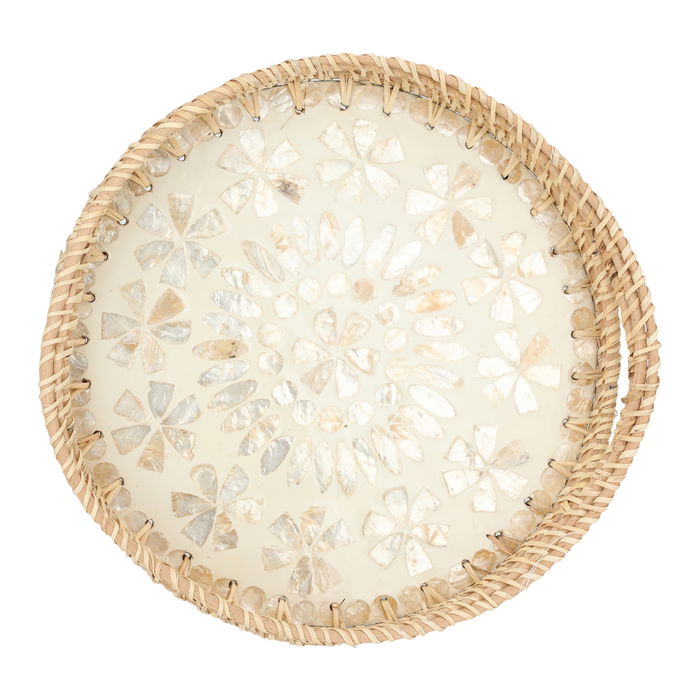 Serving tray, pearl, and gold round wicker with a small handle image 1