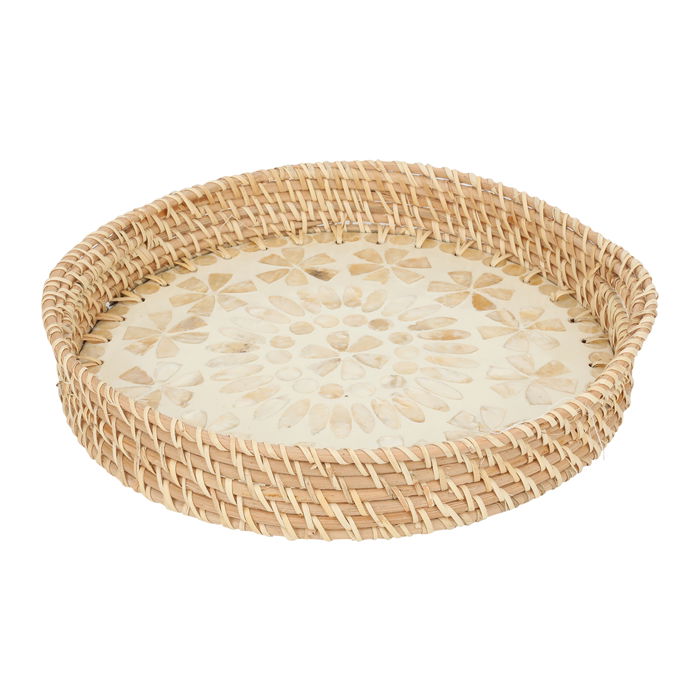 Serving tray, pearl, and gold round wicker with a small handle image 2