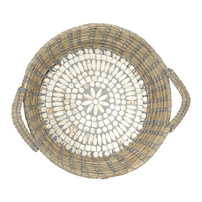 Round wicker tray, with the edge of a rose-shaped pearl gray, middle hand image 2