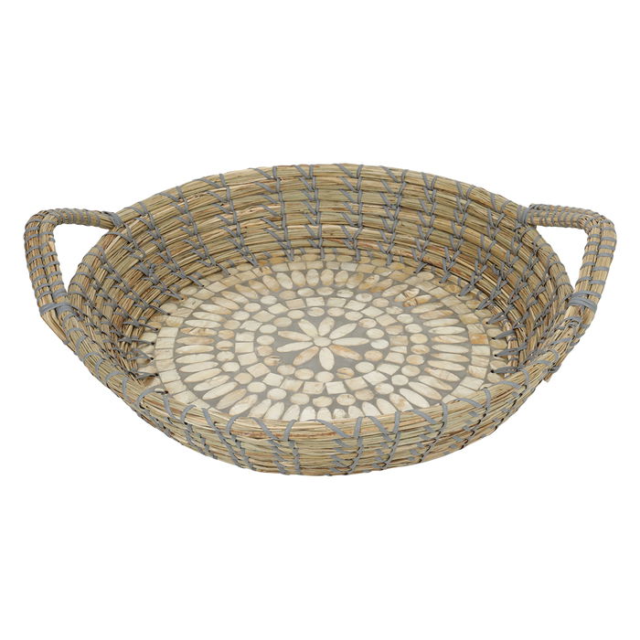 Round wicker tray, with the edge of a rose-shaped pearl gray, middle hand image 1