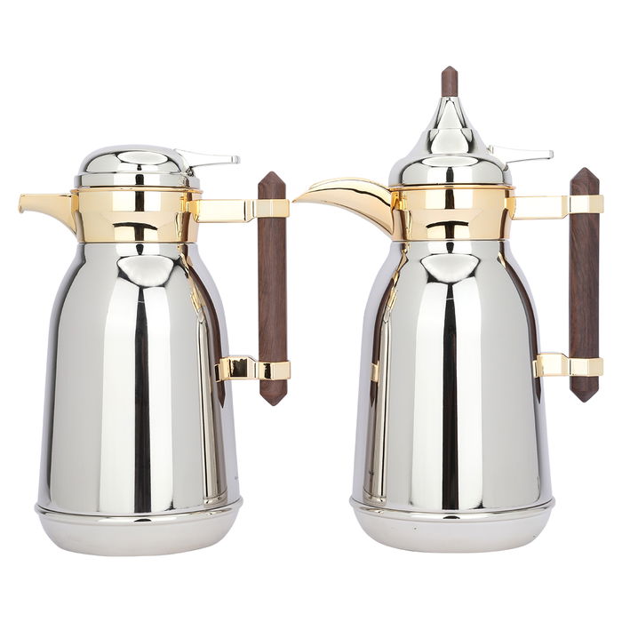 Shahd Thermos, silver steel, gilded line, with a wooden handle, two pieces image 1