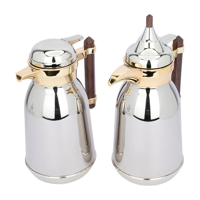 Shahd Thermos, silver steel, gilded line, with a wooden handle, two pieces image 2