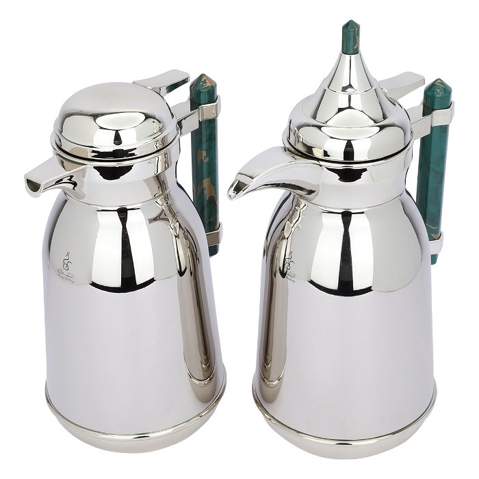 Shahd Thermos, silver steel, with a green marble handle, two pieces image 2